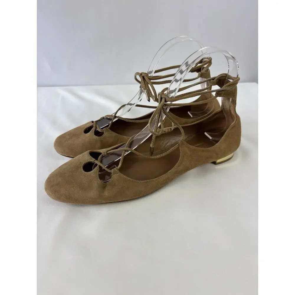 Aquazzura Firenze Dancer Lace Up Ballet Flats Camel Brown Tan Suede 38 7.5